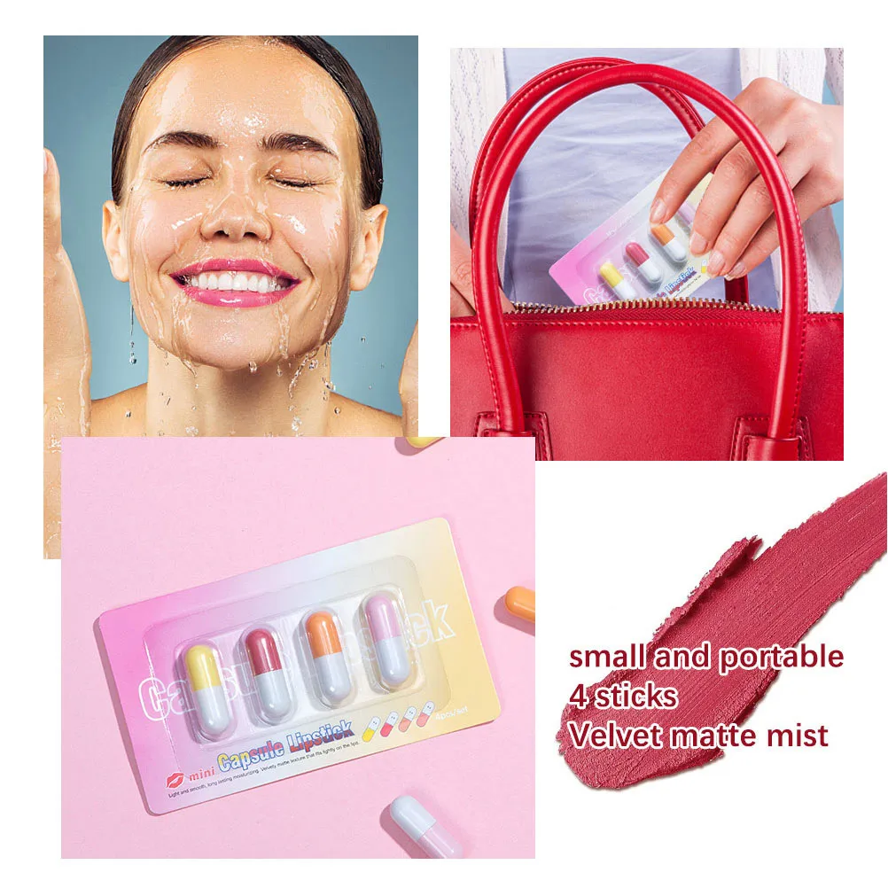4 Zestawy Matowych Mini Kapsułek z Pomadką Długotrwałe Nawilżające Bezpieczne Pomadki w Kapsułkach z Wosku dla Kobiet Makijaż Powiększający Usta Błyszczyk