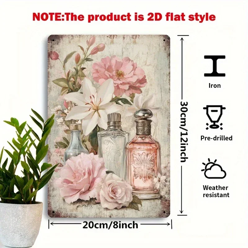 2D Flat, 1pc Vintage Perfume Bottle Metal Wall Art - Romantic Pink Roses & Floral Design, 8x12 Inch Iron Retro Home Decor for Ba