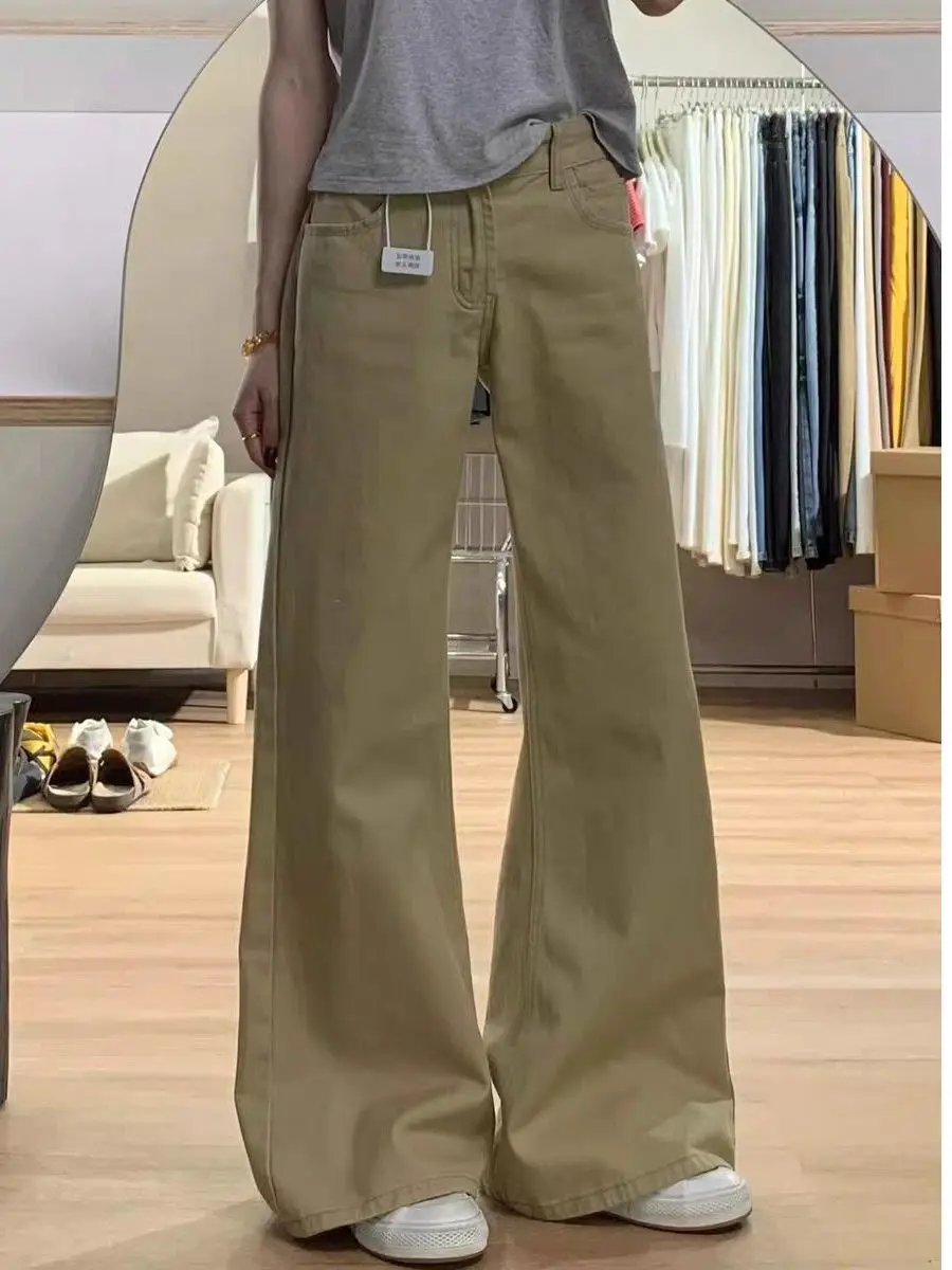 

Женские расклешенные джинсы цвета хаки в стиле ретро на весну и осень с высокой талией и универсальными повседневными прямыми брюками с длинными штанинами