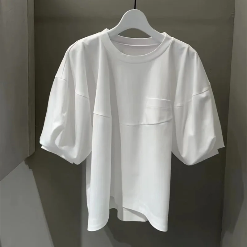

Niche 2024 spring and summer new solid color casual crew-neck pinched pleats with puffy sleeve T-shirt blouse woman y2k top