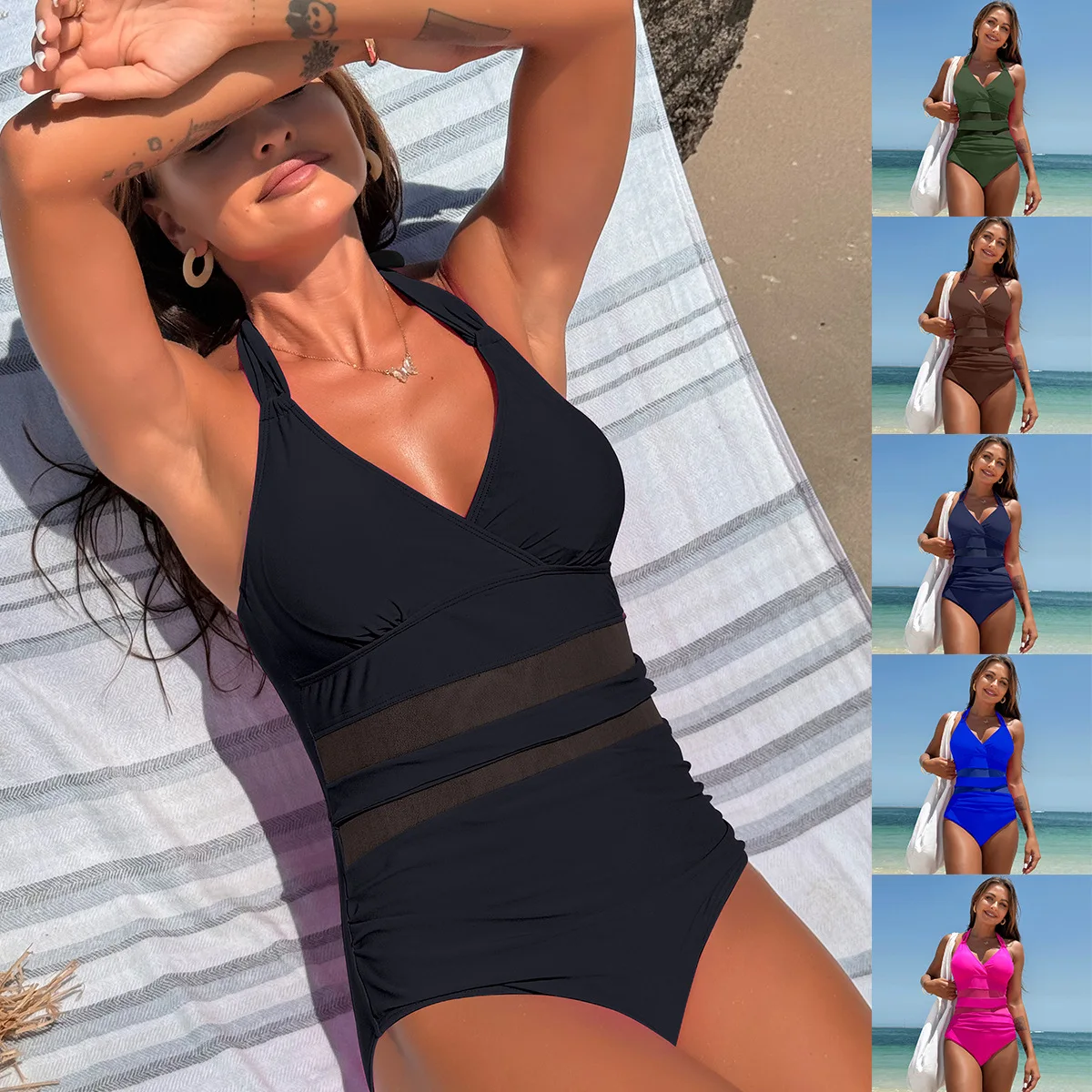 

Fashion Women's Swimsuit Solid Color Mesh Patchwork One Piece Swimsuit Beach Sexy Backless Lady Bathing Suit Lace Up Swimwear