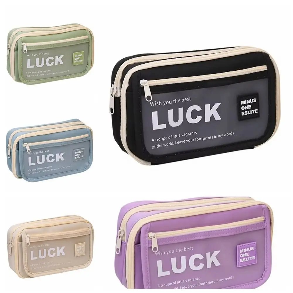 Large Capacity Translucent Pencil Case Multi-layer Matte Texture Translucent Pen Bag Flip Front Pocket Zipper Stationery Box