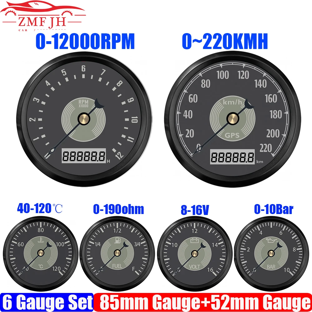 

ZMFJH Retro Vintage Marine Boat 6 Gauge Set 220KMH,MPH 85MM GPS Speedometer Tachometer Fuel Level Water Temp Oil Press Voltage