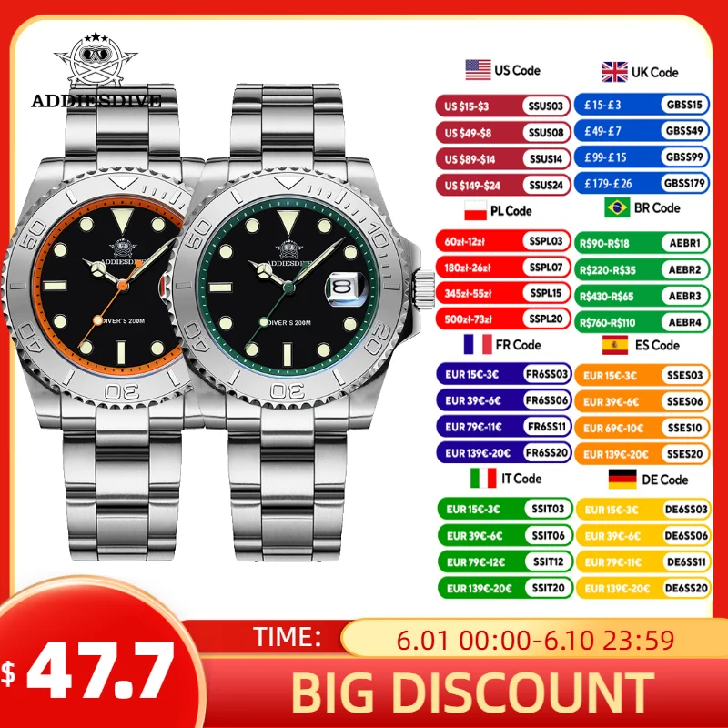 ADDIESDIVE Diver Watch For Men 41mm Luxury Quartz Watch 200m Diving Sport Stainless Steel Bezel Super Luminous Men\'s Watches New