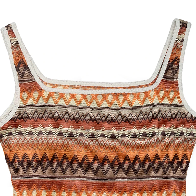 Women's Brown Striped Knit Cami Midi Dress Summer Boho Casual Party Vacation Slim Fit Ethnic Style Fashion