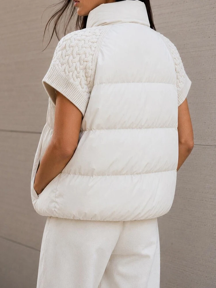 Damen Gestrickte Patchwork-Weste mit Stehkragen, Ärmellos, Reißverschluss, Kurz Geschnitten, Locker Sitzend, für Layering, Oberbekleidung 2026, Warme Winterjacke für Damen – Detail 13