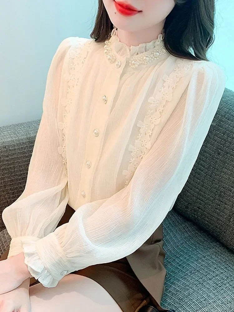 New Long Sleeve Apricot Chiffon Blouse Shirt Women Tops Shirts Blusas Mujer De Moda 2024 Beading Stand Collar Blouse Women H259