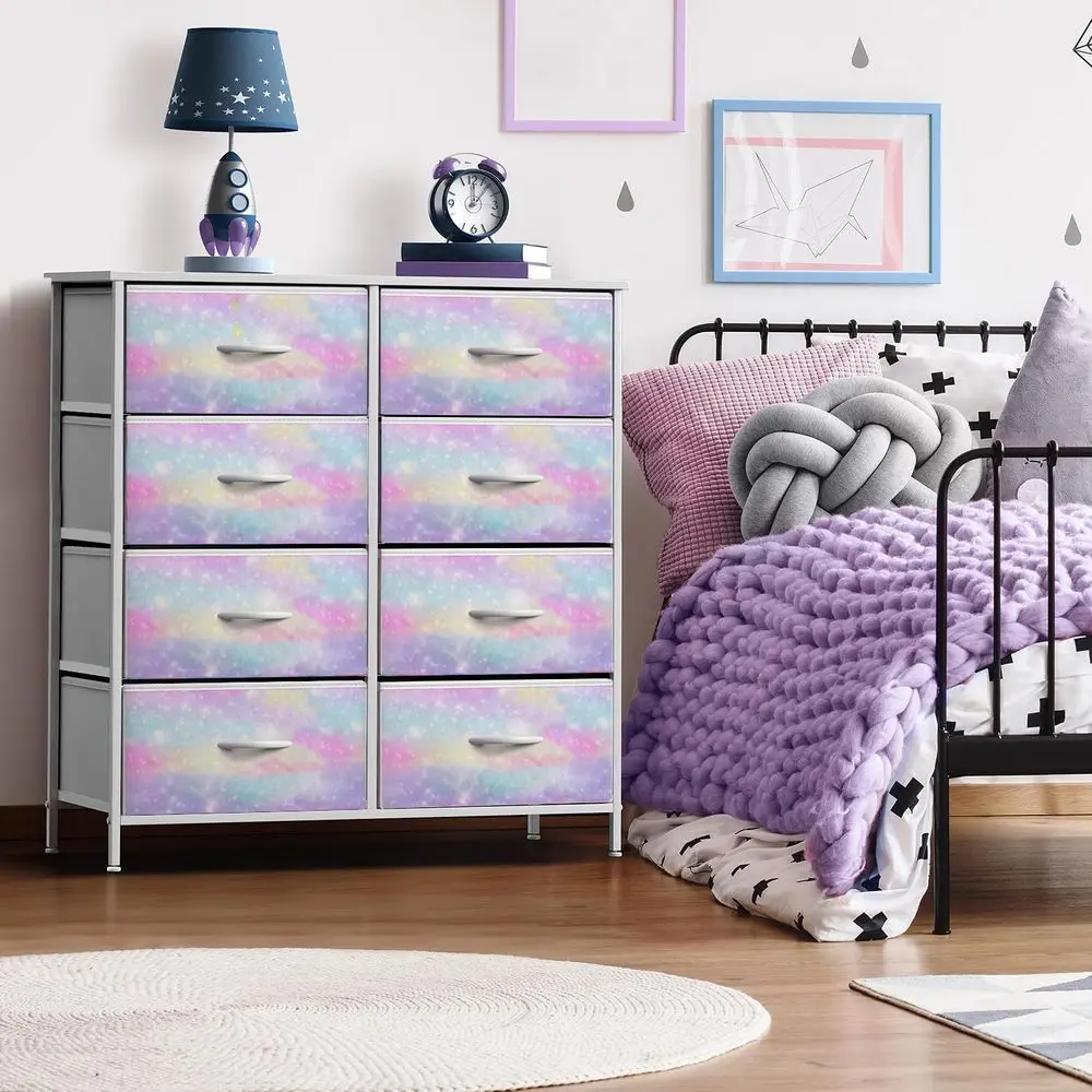 Kids Drer with 8 Ders - Storage Chest Organizer Unit Nightstand - Steel e, Wood Top, Tie-Dye abric Bins or Clothes - Wide urnitu