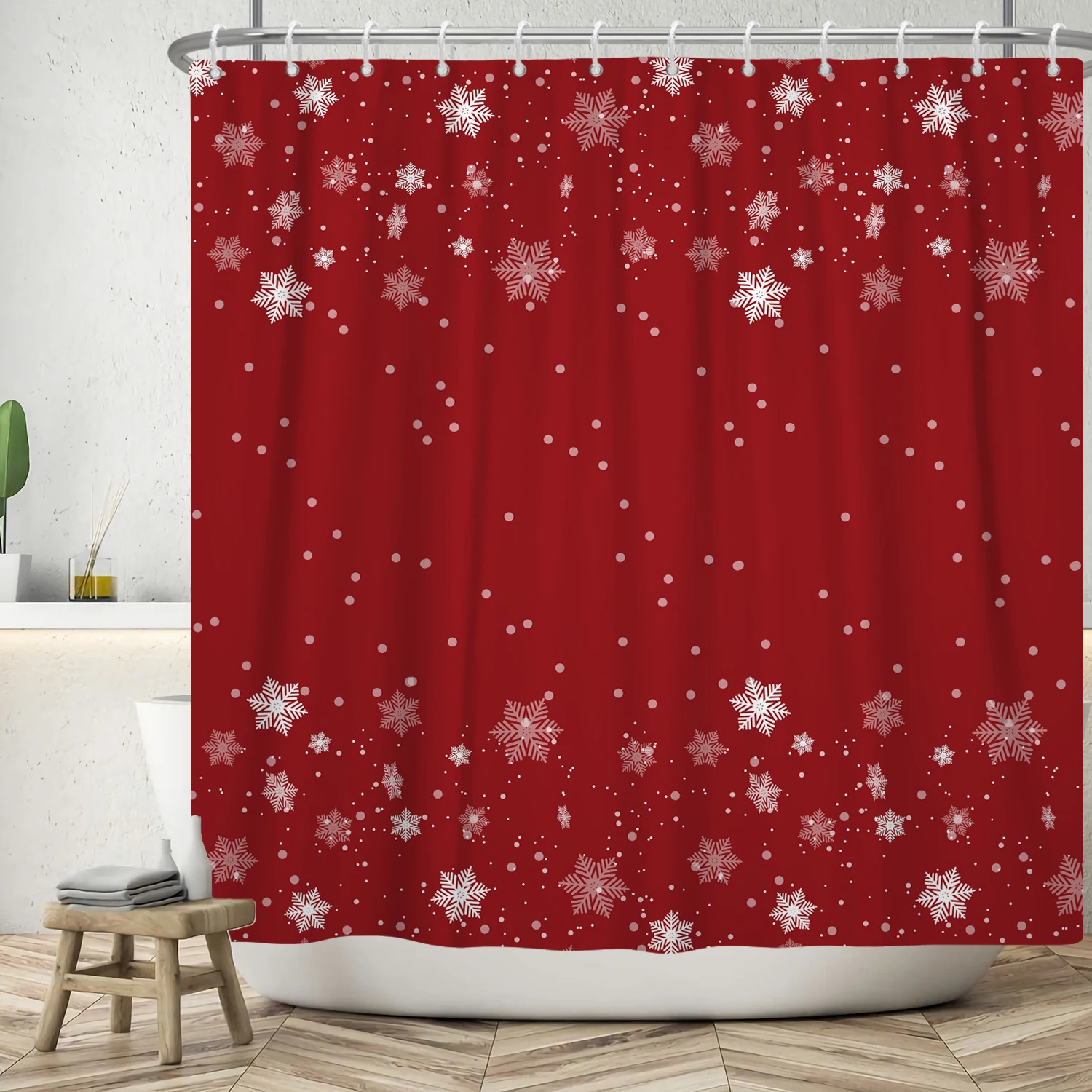 Red Christmas Theme Shower Curtain Winter Snow Decoration Bathroom Partition Polyester Waterproof Hanging Curtain With Hooks