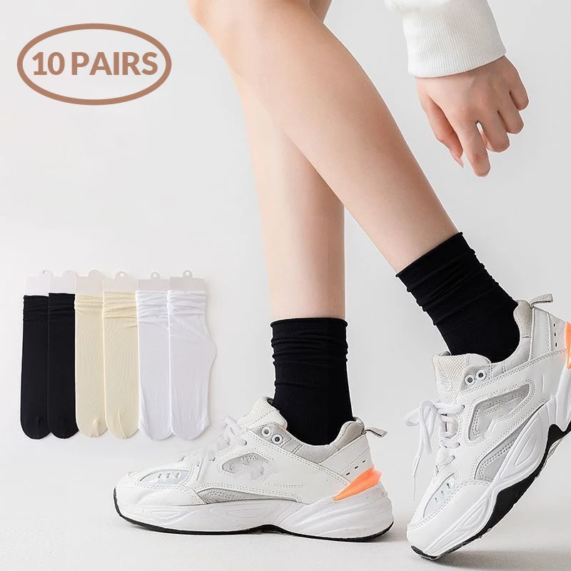 10Pairs Women Mid Length Socks Solid Colors Black White Casual Socks Soft Comfortable Lightweight Breathable Casual Socks