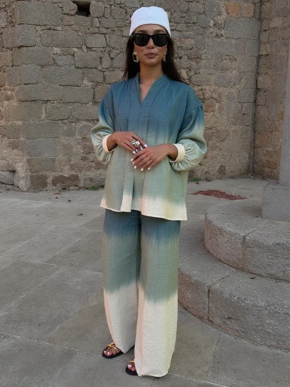 

Женские рубашки градиентного цвета, брюки, комплекты из 2 предметов, брюки прямого кроя, свободные топы с длинными рукавами, уличная осенняя новая одежда