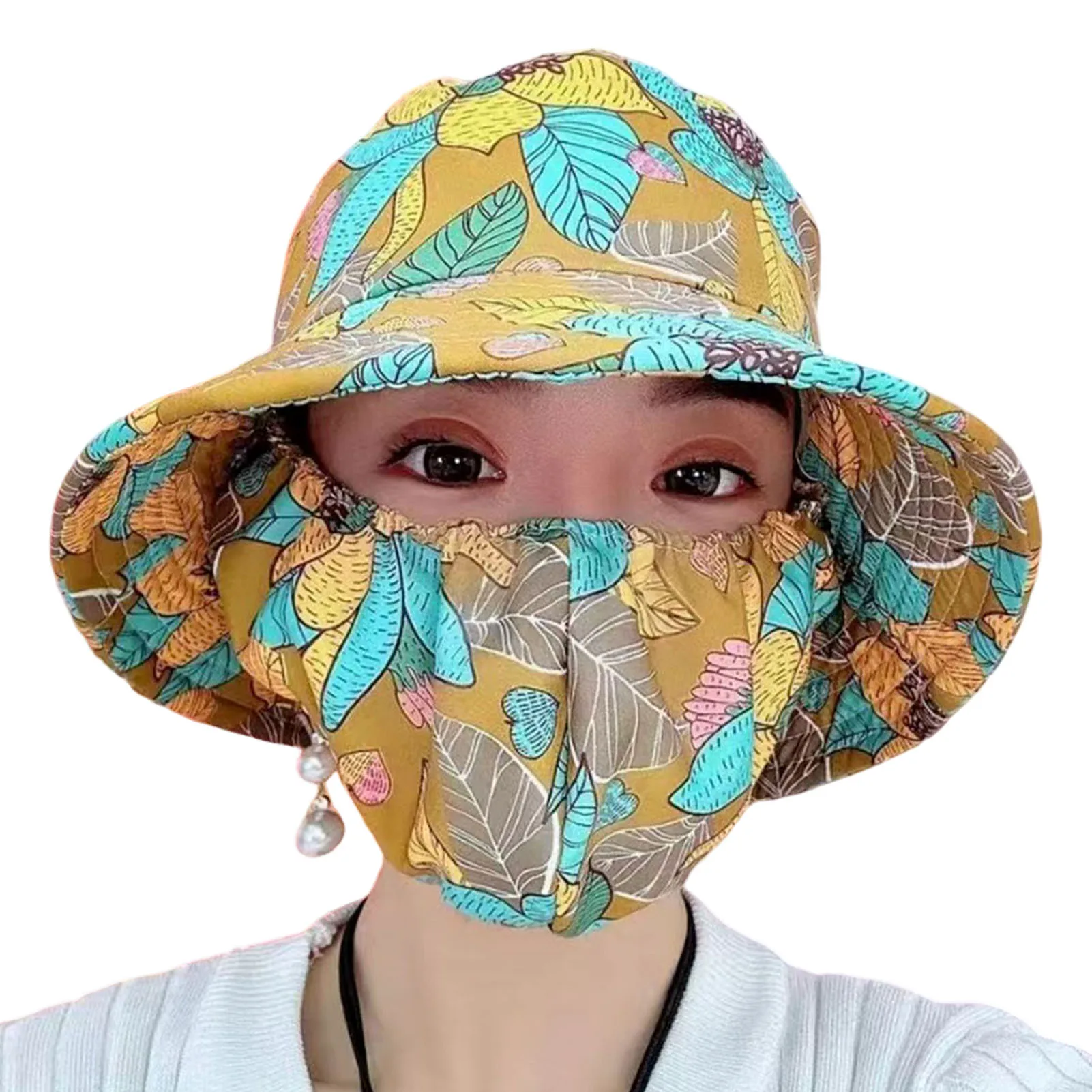 Sun Fishing Hat with Mask Breathable Flower Printed Fisherman Sun Hat for Fishing Hiking Traveling