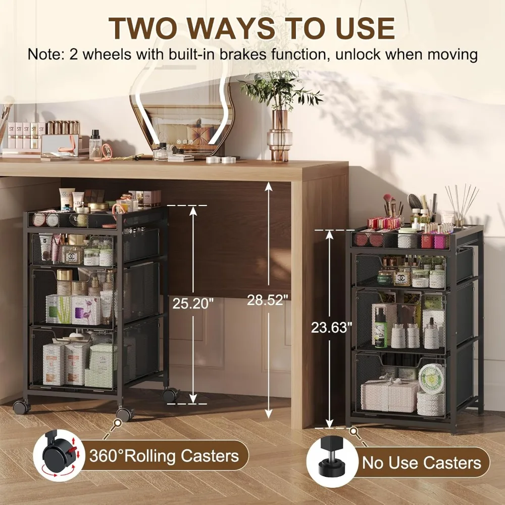 3-Drawer Rolling Makeup Cart with Dividers & Wheels, Versatile Cosmetic Storage Organizer for Beauty Tools, Black