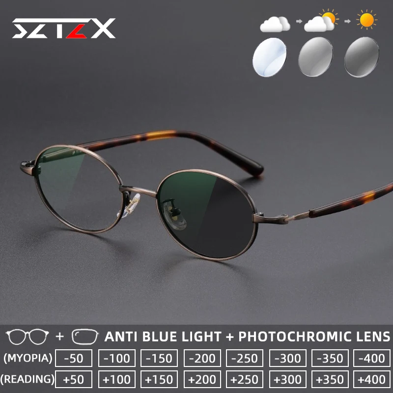 

SZTZX Small Oval Pure Titanium Photochromic Reading Eyewear Blue Light Blocking Myopia Glasses Progressive Prescription Glasses