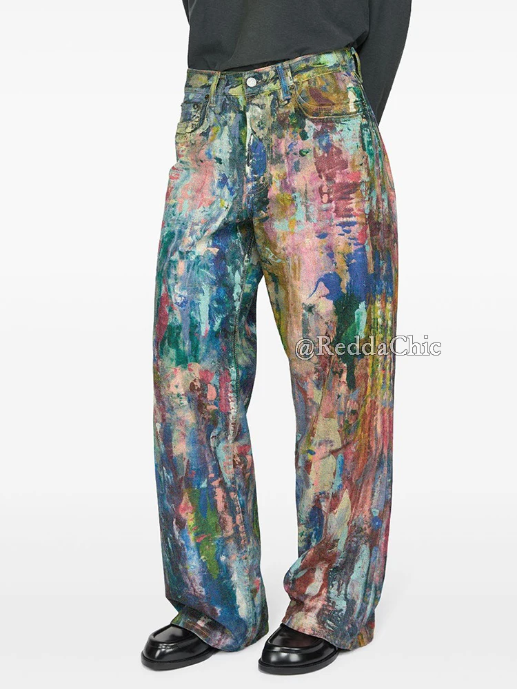 REDDACHiC Street Style Graffiti Jeans Men Distressed Rainbow Random Painting Pattern Straight Wide Leg Pants Hiphop Y2k Trousers