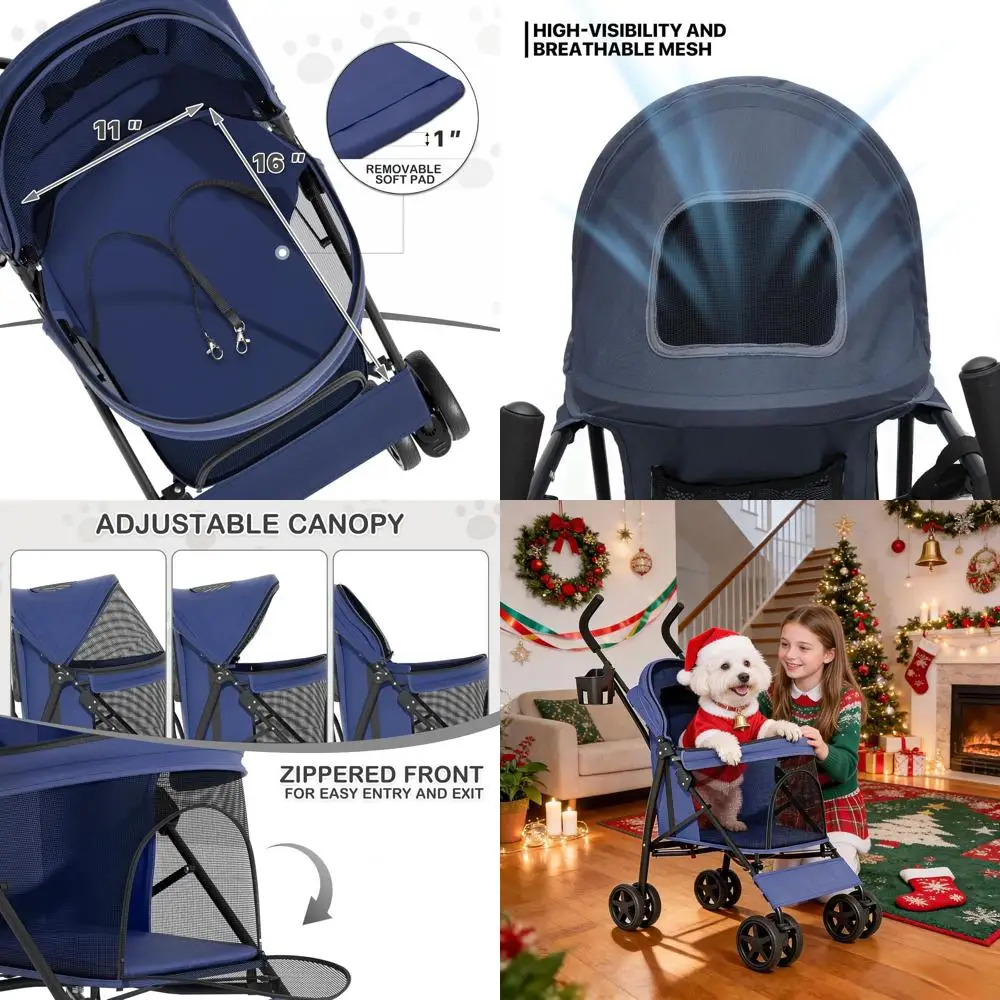 

Коляска для домашних животных для собак маленьких и средних пород весом до 22 фунтов, темно-синяя, с солнцезащитным козырьком, дышащей сеткой и сумкой для хранения.