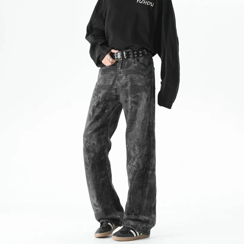 Camouflage Snake Pattern Jacquard Baggy Flared Jeans Men High Street Casual Cargo Denim Pants Cotton Streetwear Y2k American