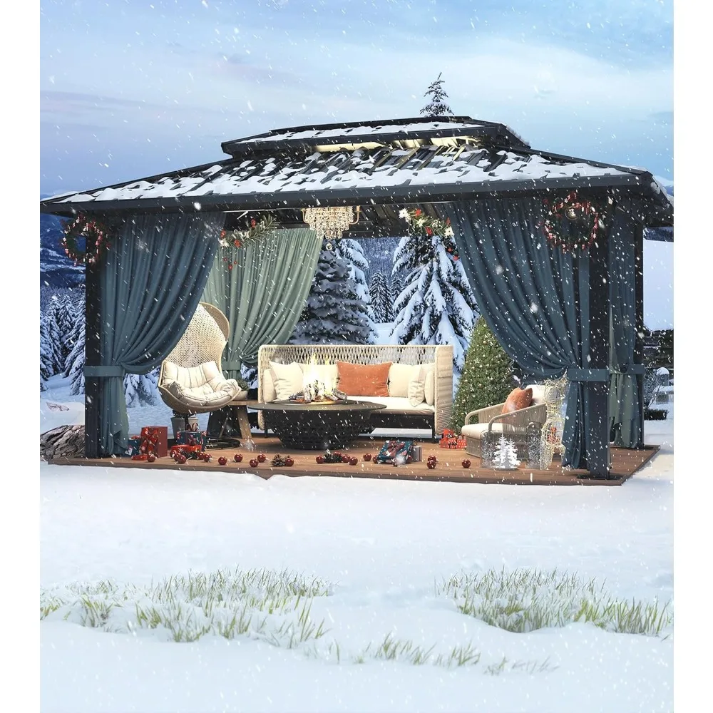 

10x12 Hardtop Gazebo Hot Tub Gazebo with Flame-Retardant Curtain Netting, Heavy Duty Pavilion with Galvanized Steel Double Roof