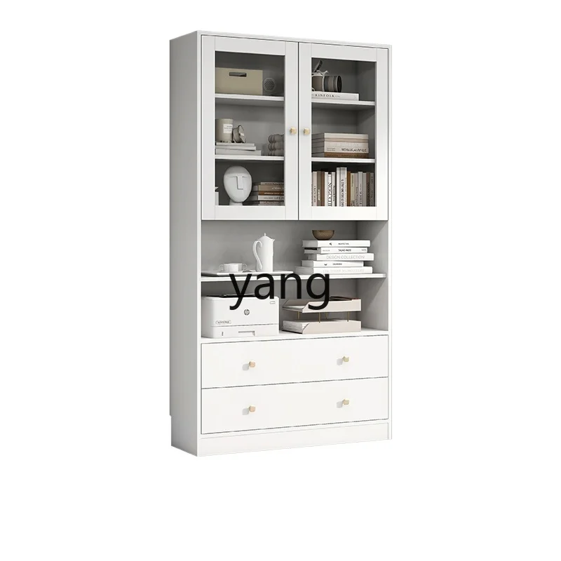 

LXL White Simple Bookcase with Door Bedroom Dustproof Glass Cabinet Living Room Floor Storage Cabinet