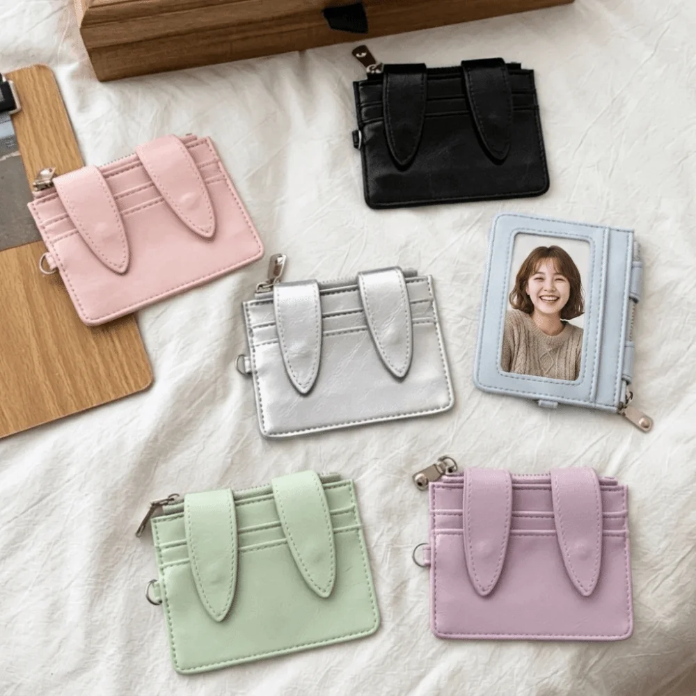 Fashion PU Leather Bunny Ear Card Holder Multi Slots Snap Button Card Wallet Polyester Lining Multi-functional Coin Purse Travel
