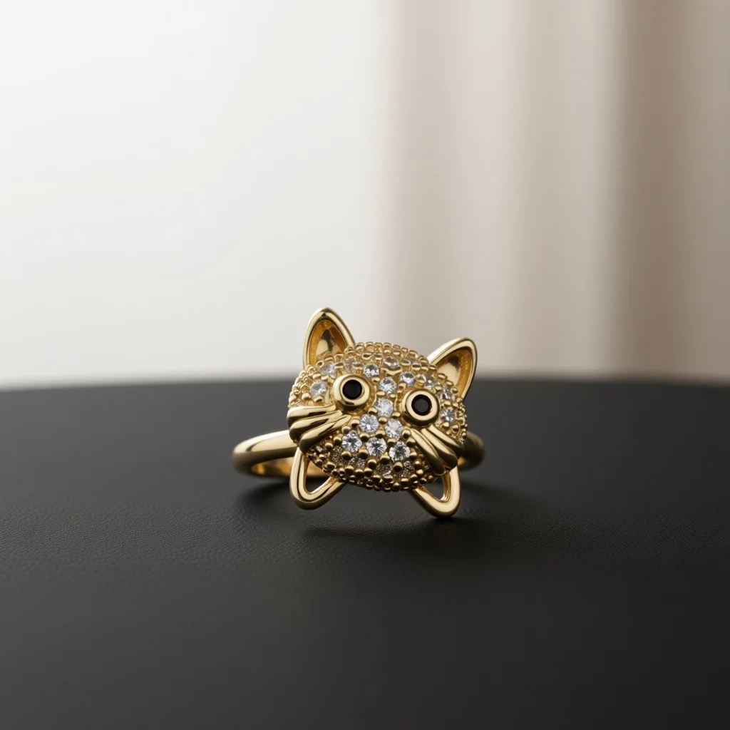 Playful Gold Copper Ring, Sparkly Cat Face Design, Inlaid Zircon Details, Adjustable, Gift Ornament for Party Holiday Presents