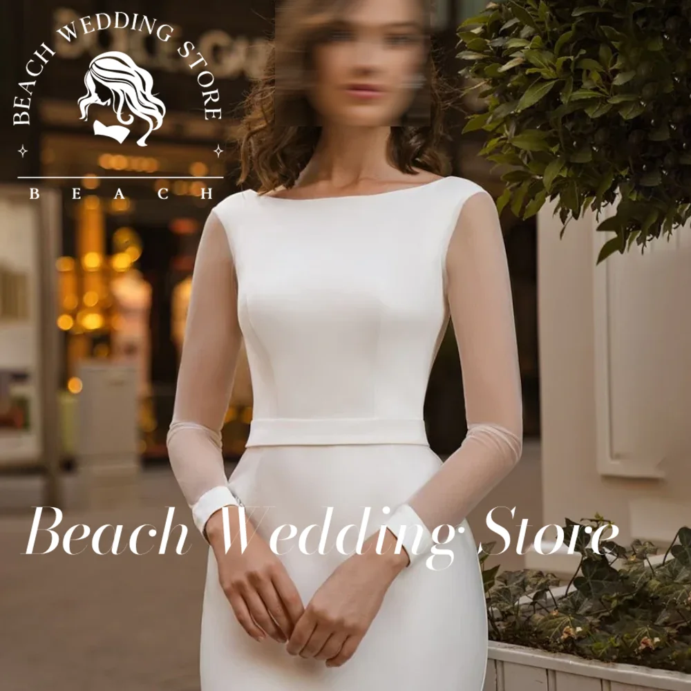 Abito da sposa tubino a maniche lunghe trasparente personalizzato da spiaggia Semplice scollo rotondo Abiti da sposa in morbido raso con lacci senza schienale Sweep Train