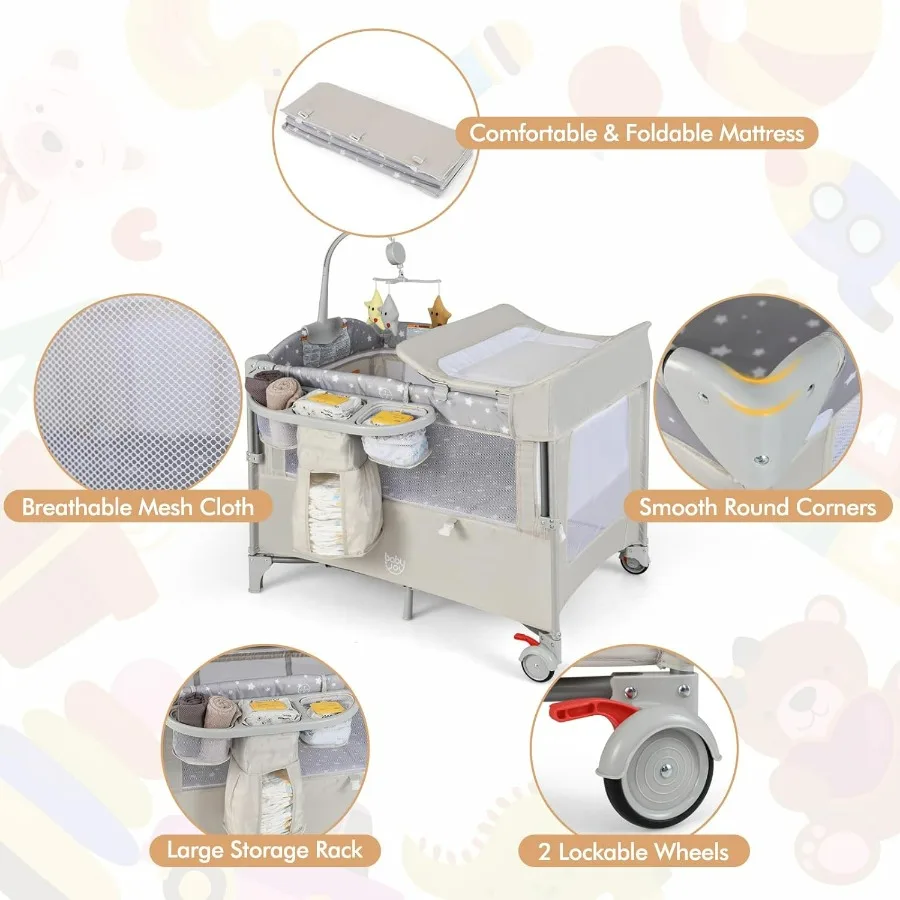 Pack and Play with Bassinet 5in1 Baby Bedside Sleeper w Diaper Changing Table Storage Bag Toy Arch Music Box Detachable Side Ra