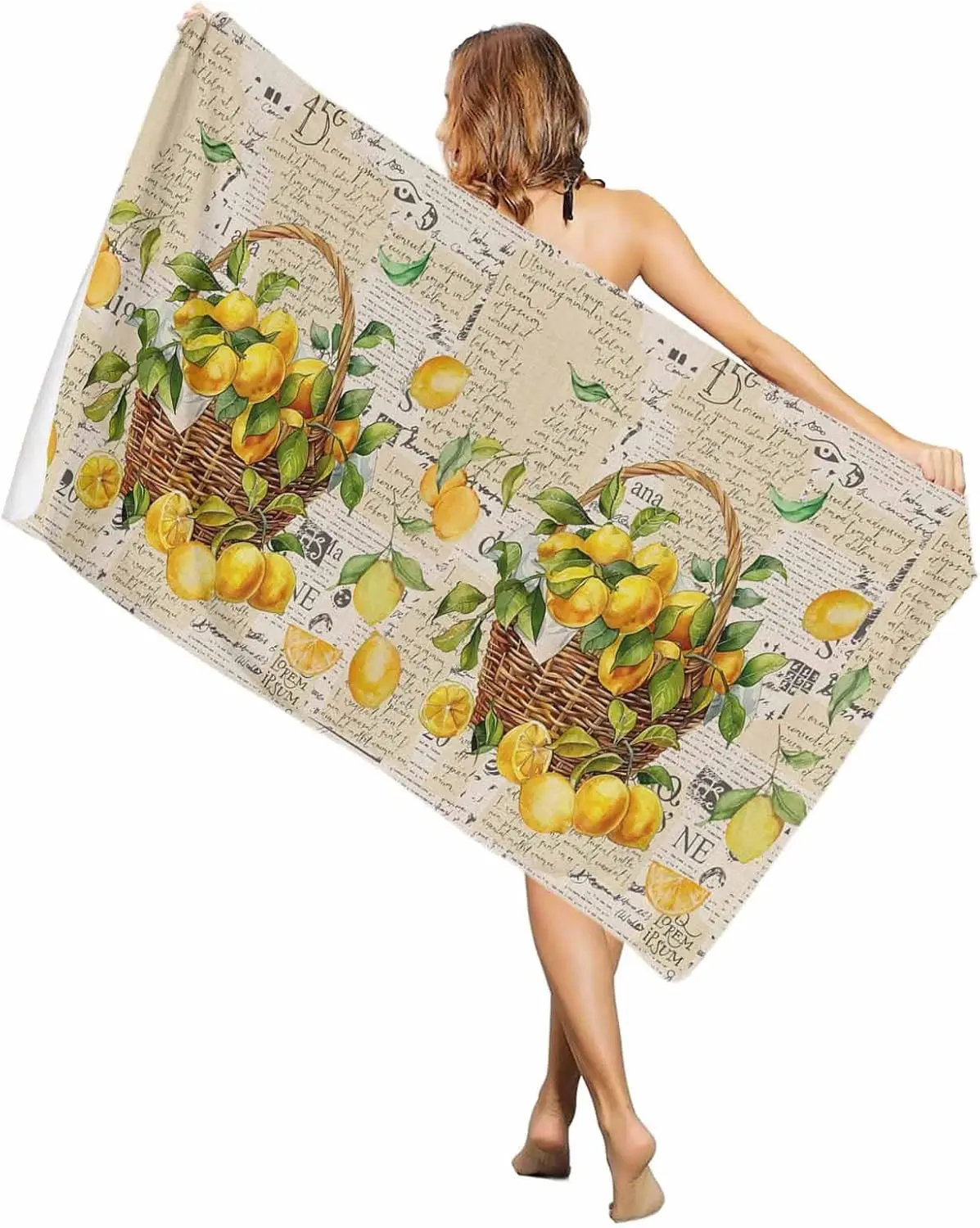 Beach Towel Beach Blanket,Yellow Lemon Summer Fruit Beach Towels Quick Dry Sand Proof Oversized Towel,Farm Leaves Retro Words