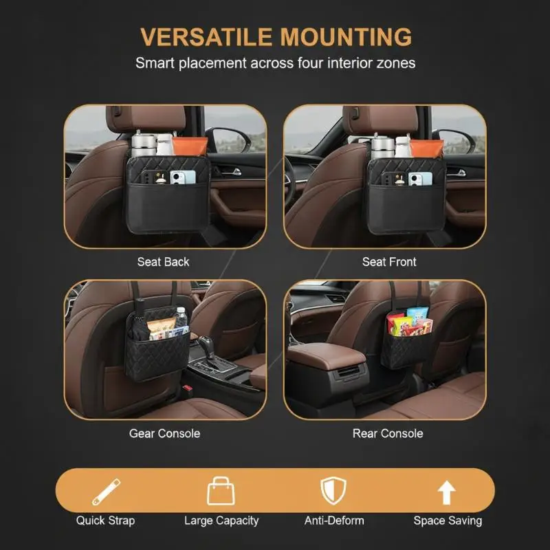 PU Leather Car Backseat Organizer Quilted Multi Pockets Large Capacity 1Pcs for Family Road Trip Storage