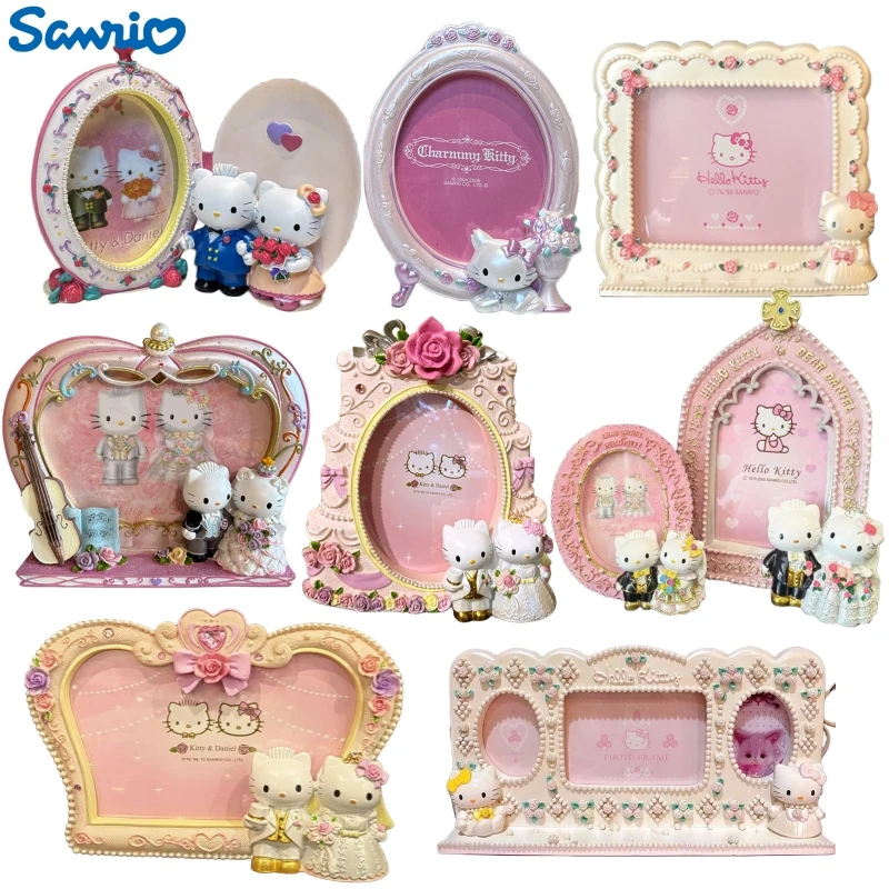 

Anime Sanrios Hellokittys CharmmyKitty Resin Rose Photo Frame Cartoon Figurines Home Ornaments Handicraft Valentine's Day Gift