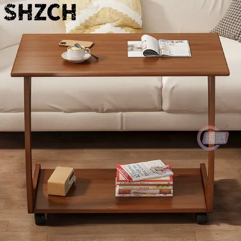 Bamboo Balcony Tea Table  Movable Living Room Side Table  Anti-Collision Bedside Stand  Space-Saving C-Shaped Sofa Table