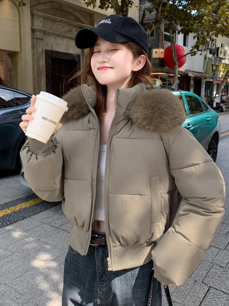 

Зимнее женское модное пальто из хлопка с большим меховым воротником, теплое пальто для поездок на работу, обычное све, длинное