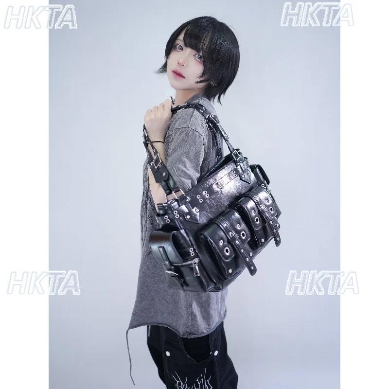 

Gothic Punk Multi-Pocket Crossbody Bag Women Boys 2-Way Detachable Strap Large Capacity Functional Black Shoulder Bag Backpack