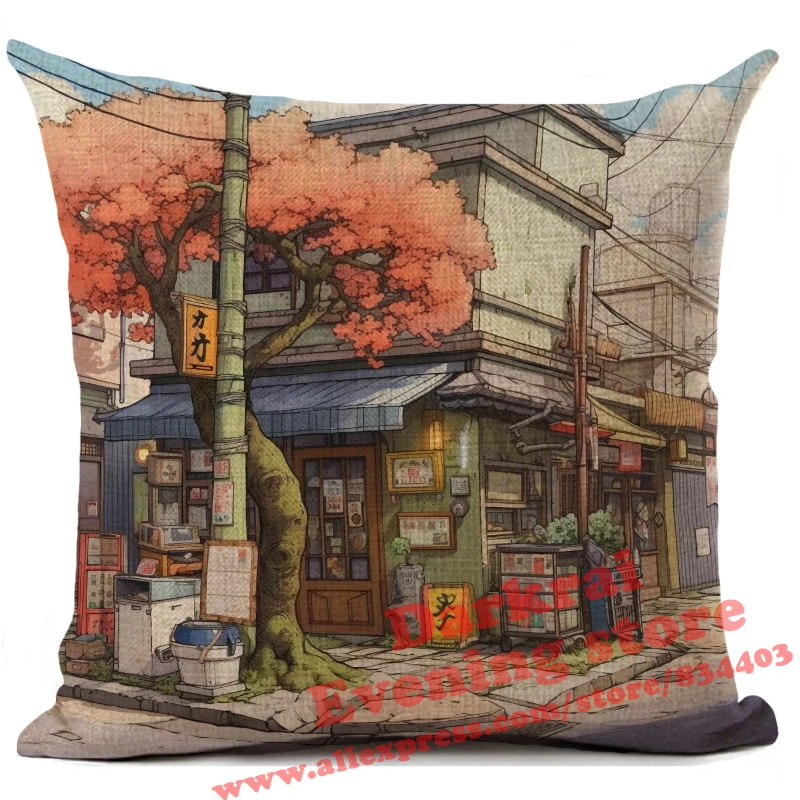 Cartoon Street Corner Linen Cushion Cover Japan Architecture Style Home Decoration Living Room Sofa Throw Pillows Case 45x45cm