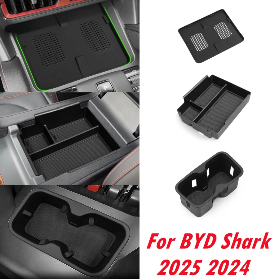 For BYD Shark 2025 2024 Center Console Organizer Box & Cup Holder Insert & Wireless Charging Non-slip Mat BYD Shark Accessories