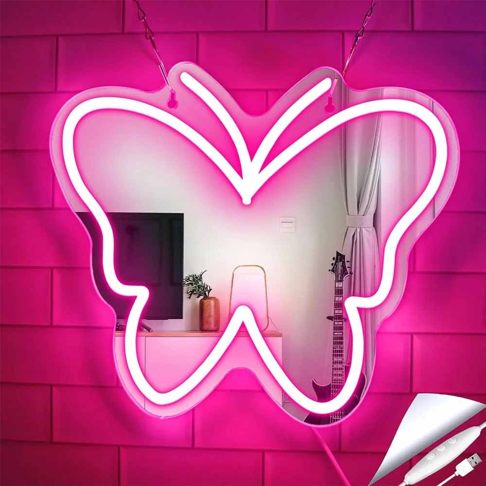 Butterfly Mirror LED Neon Sign, Dimmable Mirror Neon Signs for Wall Decor, USB Mirror Neon Light for Room Dresser Beauty Salon