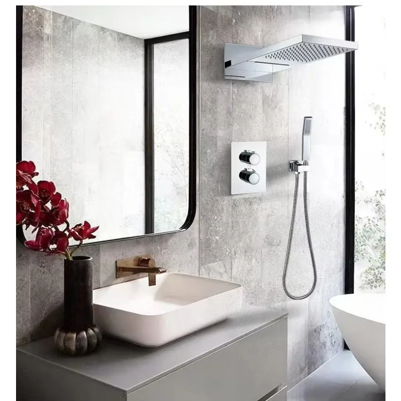 Hotel Deluxe Chrome Thermostatic Hidden Shower Set Brass Waterfall Two Function Thermostatic Hybrid Faucet Bathroom Shower Set