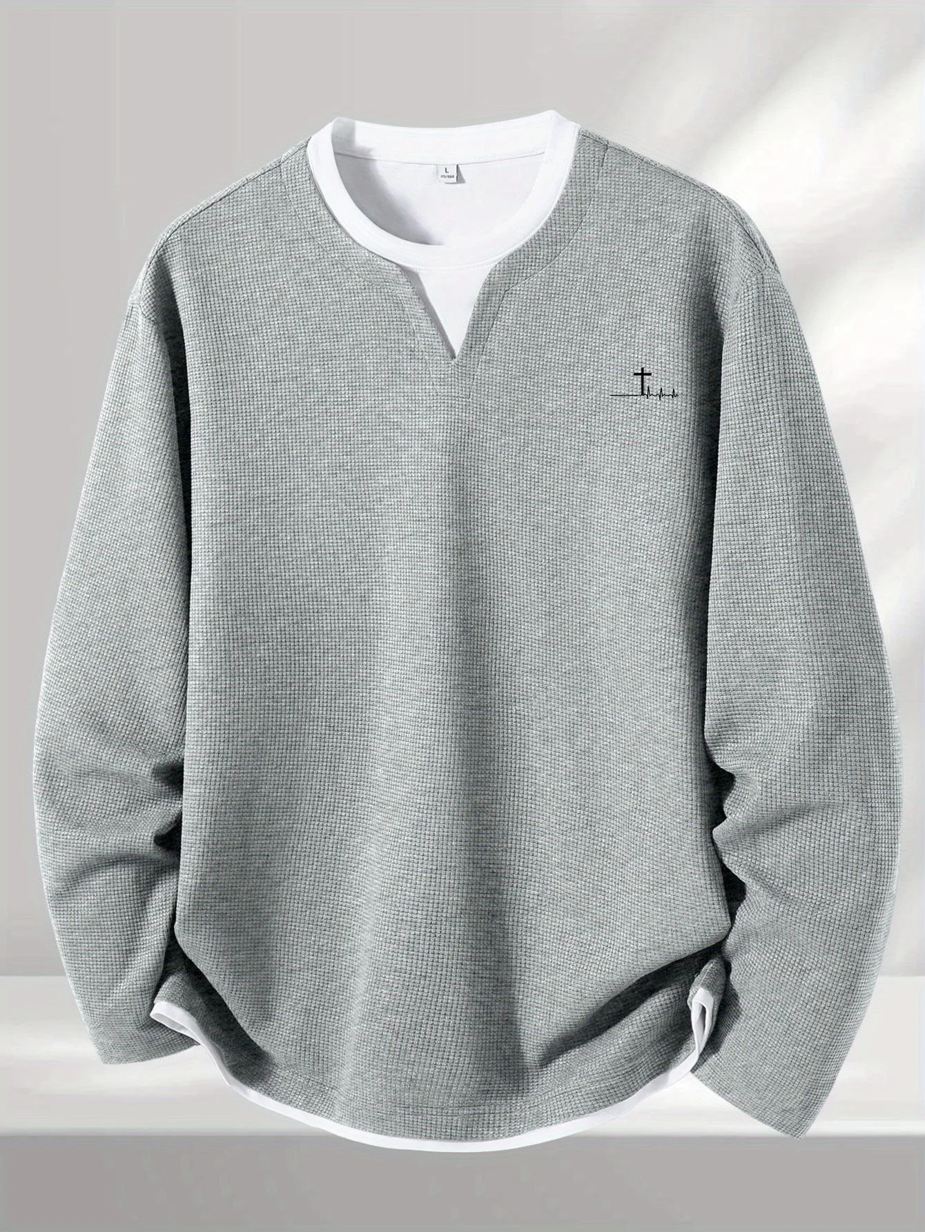 Camiseta Masculina de Manga Longa com Efeito de Duas Peças em Malha Waffle para Outono, Casual, Solta, Oversize, Respirável, para Uso Diário, ao Ar Li