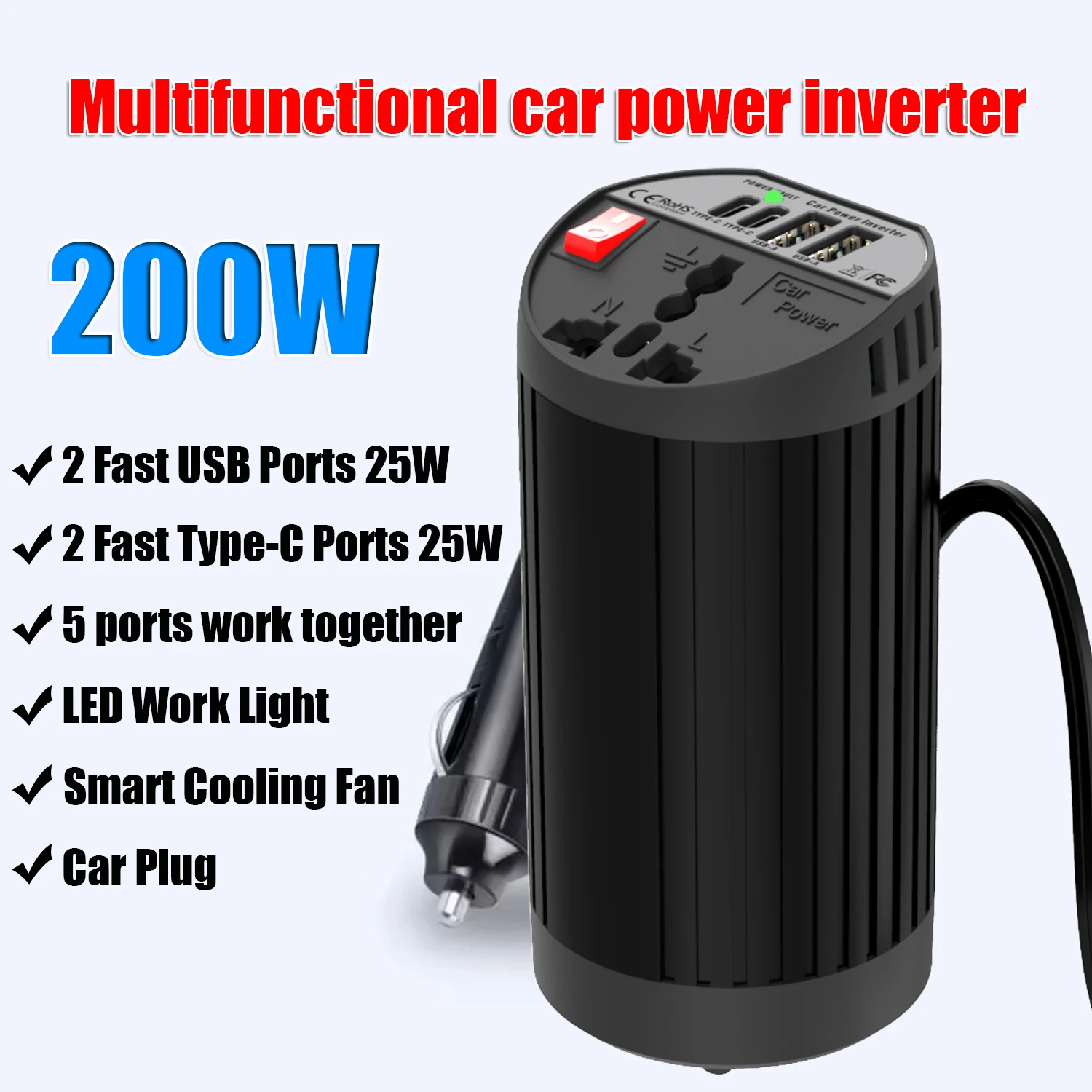 200W Car Power Inverter 12V To 220V 110V Converter DC To AC Transformer Cigarette Lighter Input 25W USB Fast Charging and Type-C