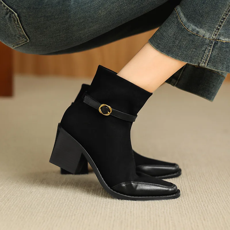 2027 New Plus Size 34-42 Cow Sheepskin Square Toe Zipper High Heels Modern Boots Warm Winter Shoes Dating Ins Ankle Boots
