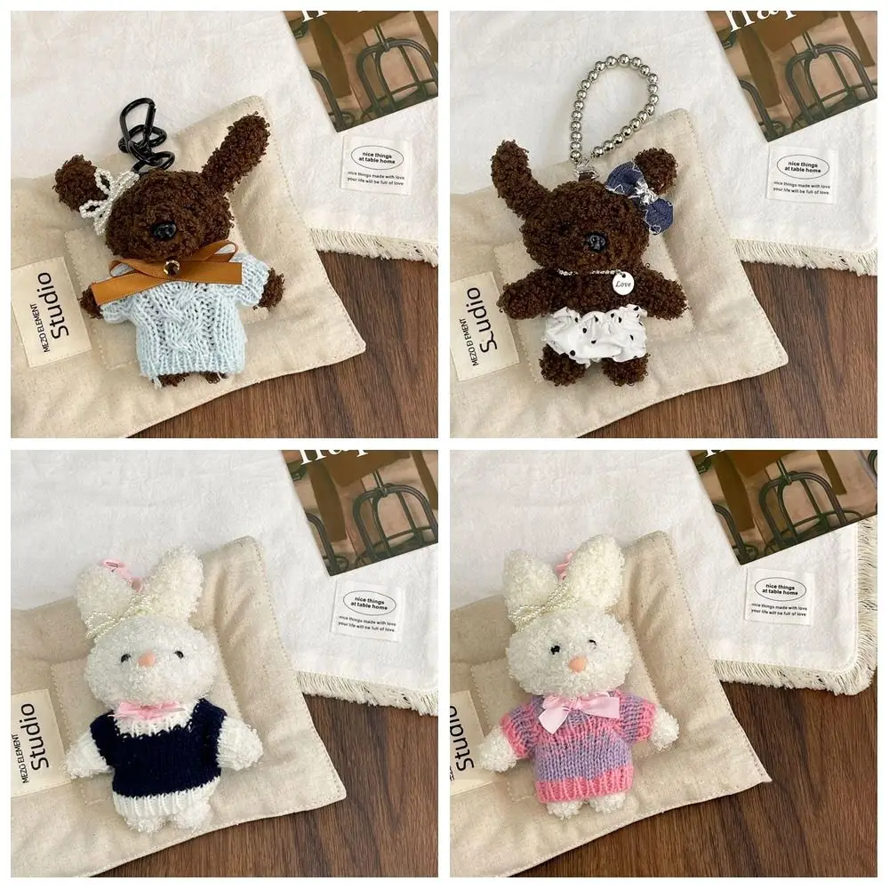 Lovely Bowknot Rabbit Plush Pendant Pearl Korean Style Stuffed Animal Keyring Bunny Sweater Kawaii Hanging Ornaments Couple