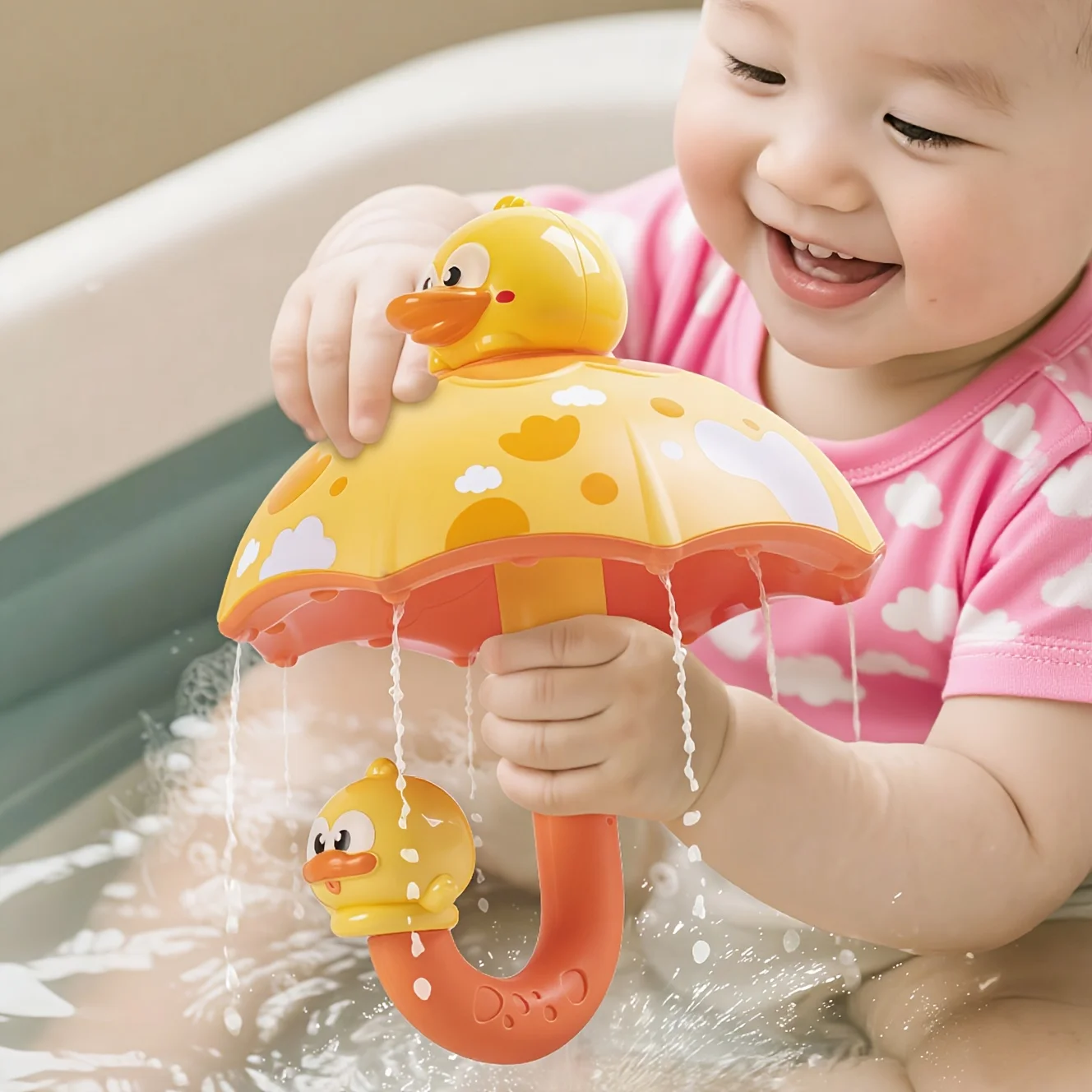 Duckling Bath Toy with Umbrella - Interactive Water Flow, Soft Bath Tub Companion for Babies, Sensory Play &Bathtub Fun