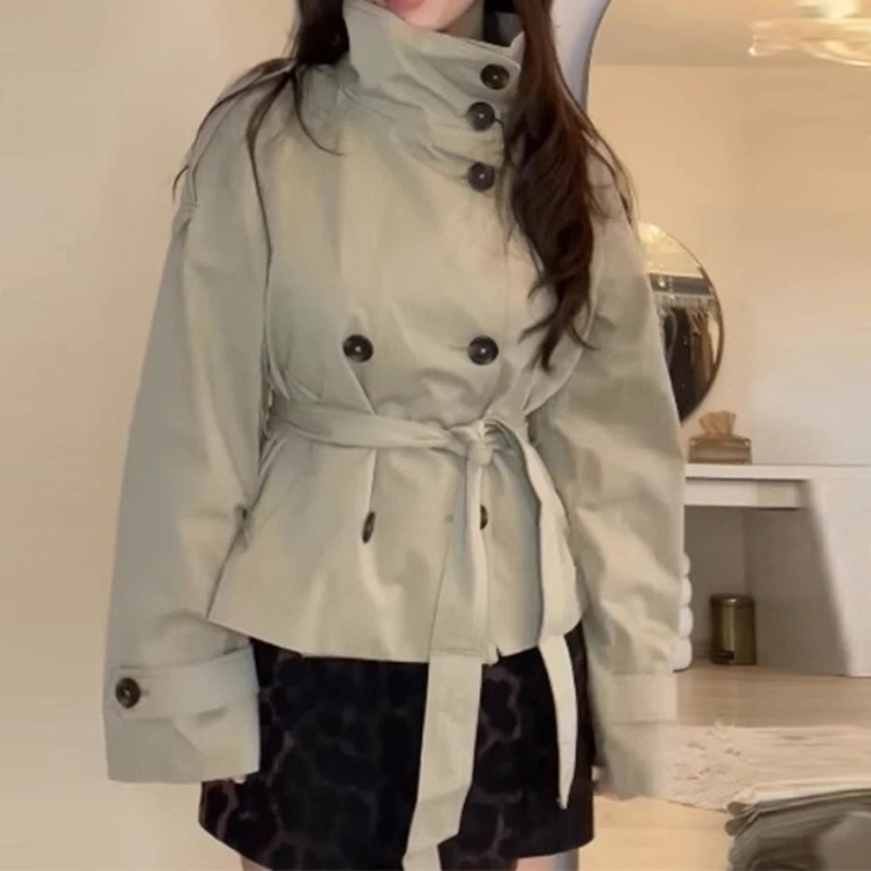 2025 Autumn and Winter Temperament Stand-up Collar with Double-breasted Short Women's Windbreaker Coat