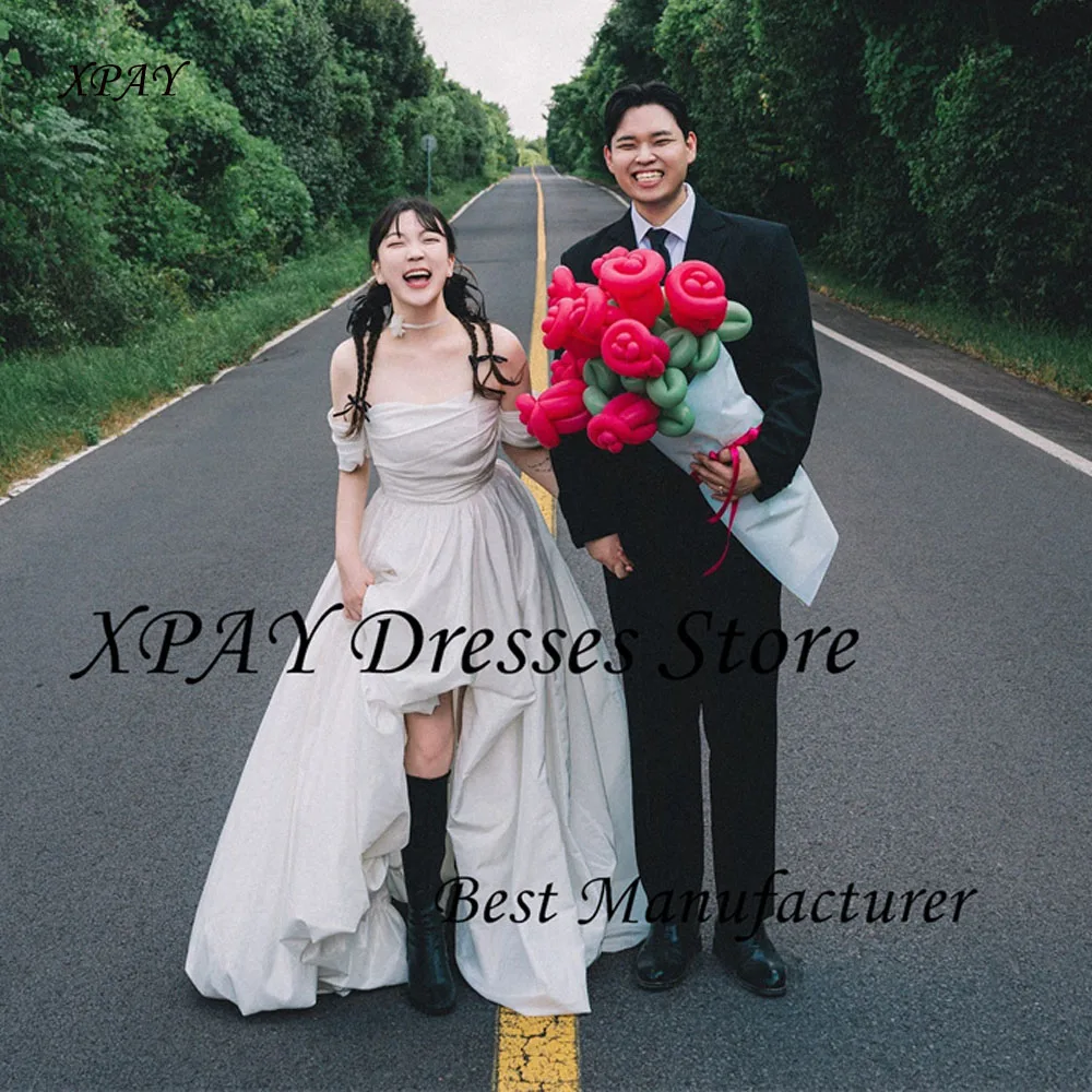 Xpay elegante seda tafetá uma linha vestidos de casamento coreia sessão de fotos mangas curtas país vestidos de noiva espartilho volta personalizado