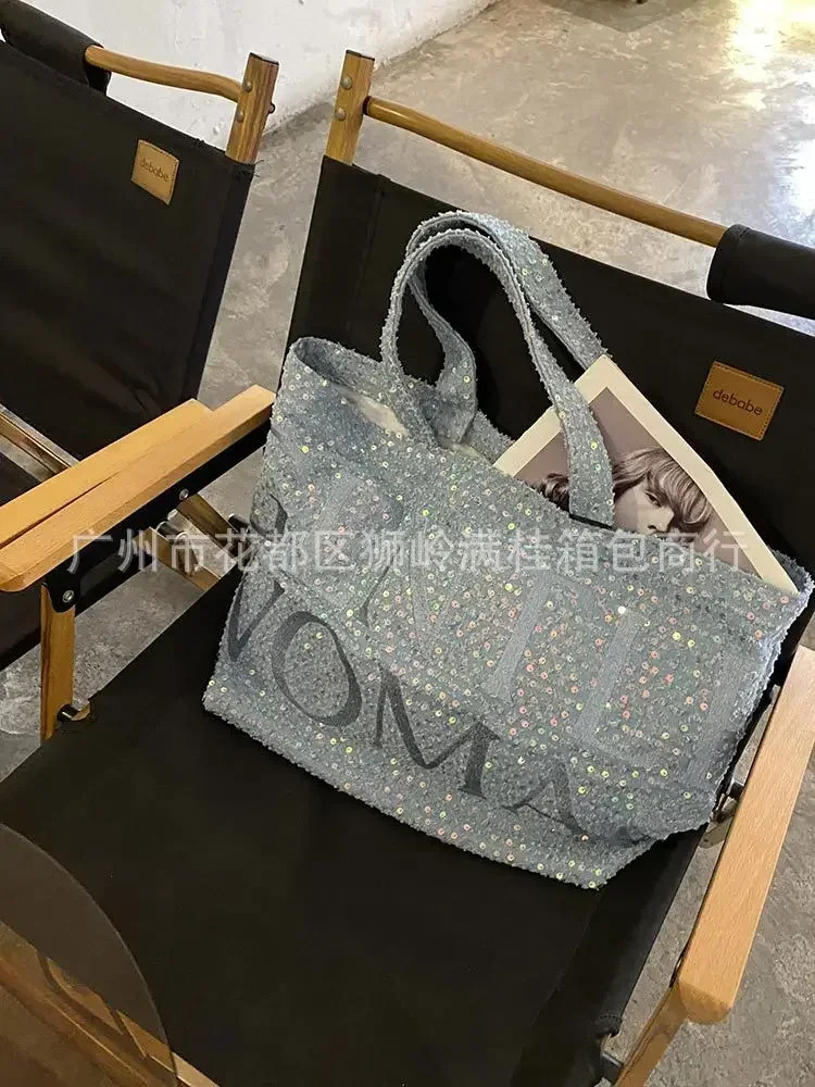 2024 새로운 신사 여성 편지 반짝이 세척 데님 가방 다목적 대용량 토트 백