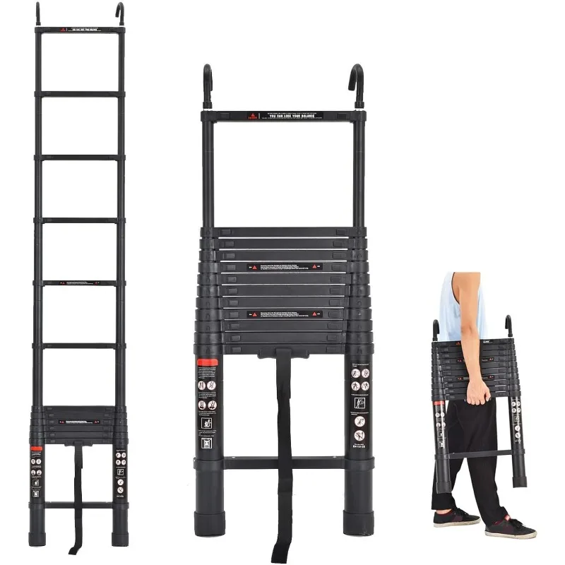 16.4ft Telescoping Ladder Portable    Extension Ladder 330lbs Load Capacity, Folded Height 3.2ft, Compact Ladder (Black)