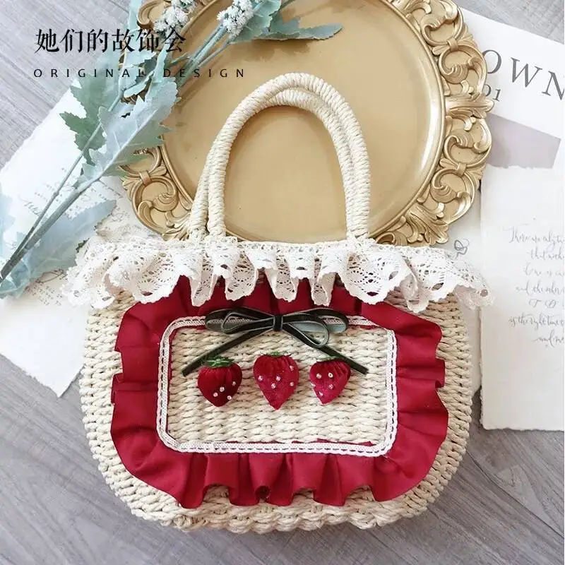 Lolita Strawberry Red Cute Woven Women 2025 Haruku Sweet Lace Chic Hand Female Vintage Straw Bag Handbag Сумка Женская