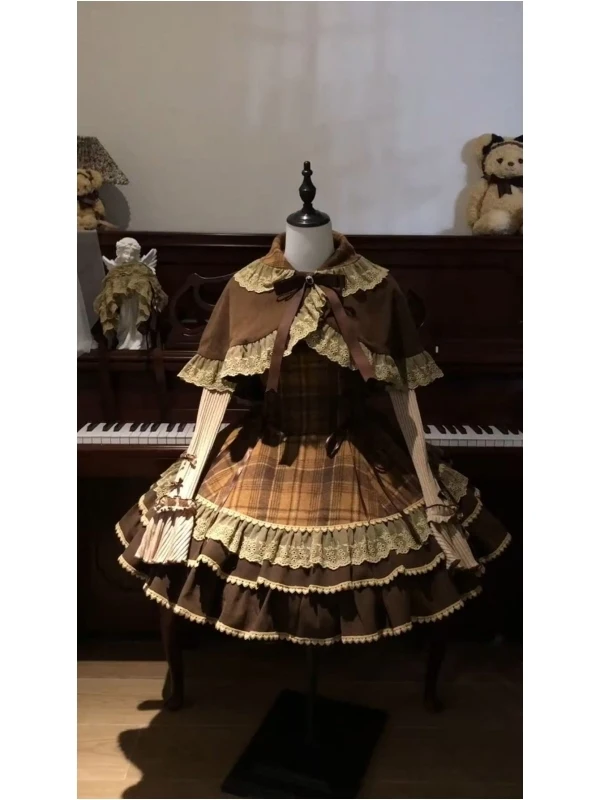 

Retro Lolita Dress Cute Soft Girl Style Shoulder Shawl Knitted Base Layer Brown Strap Skirt Three Piece Set Button Style Autu...