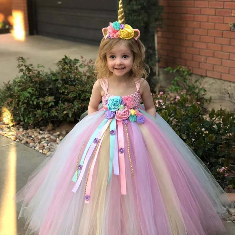 Girls Pastel Unicorn Flower Tutu Dress Kids Crochet Tulle Strap Dress Ball Gown with Daisy Ribbons Children Party Costume Dress