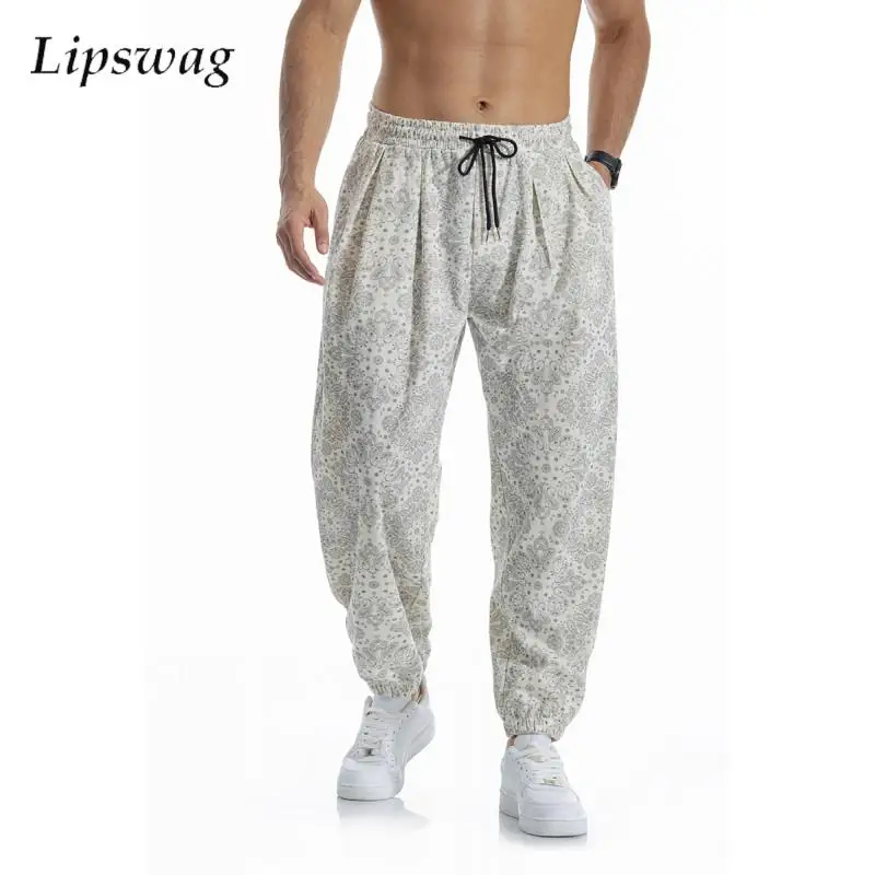 Streetwear Vintage Print Pattern Corduroy Pants Mens 2026 Autumn Warm Tie-up Loose Trousers For Male Daily Outdoor Jogger Pants
